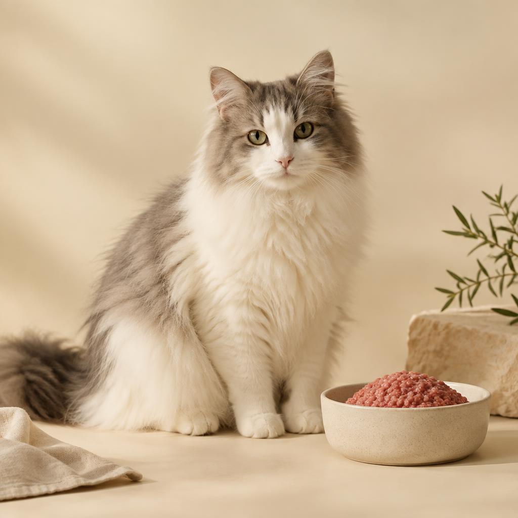Gatito de pelo largo junto a su tazón de alimento BARF