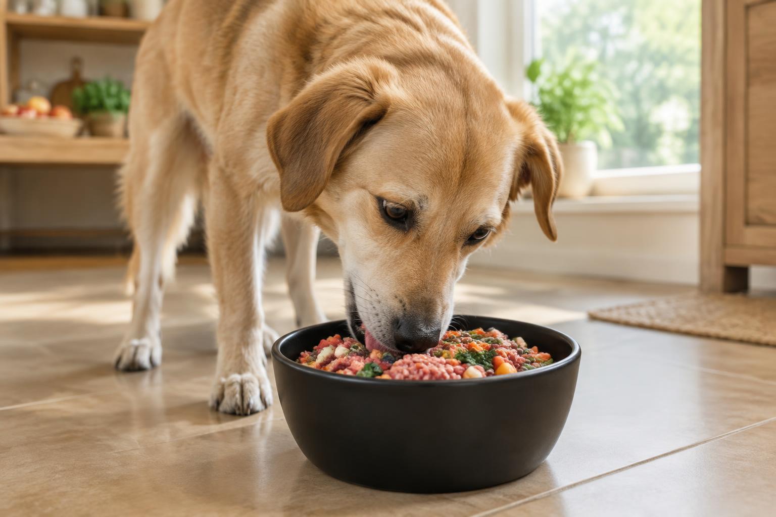 Perrito comiendo alimento BARF de un tazón negro